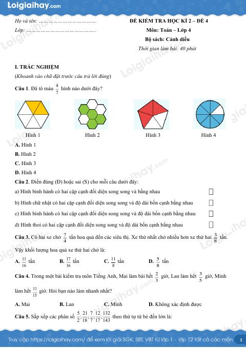 Đề thi học kì 2 Toán 4 Cánh diều - Đề số 4